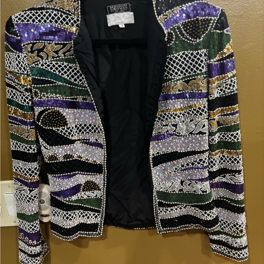 VTG Bergdorf Goodman Embellished Beaded Jacket - Black, Purple & Green. Sz 4 - Picture 6 of 9
